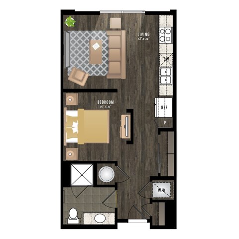 Floor plan for studio, 1 bath, 602 sqft